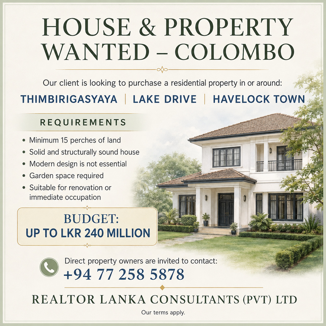 House & Property Wanted - Colombo