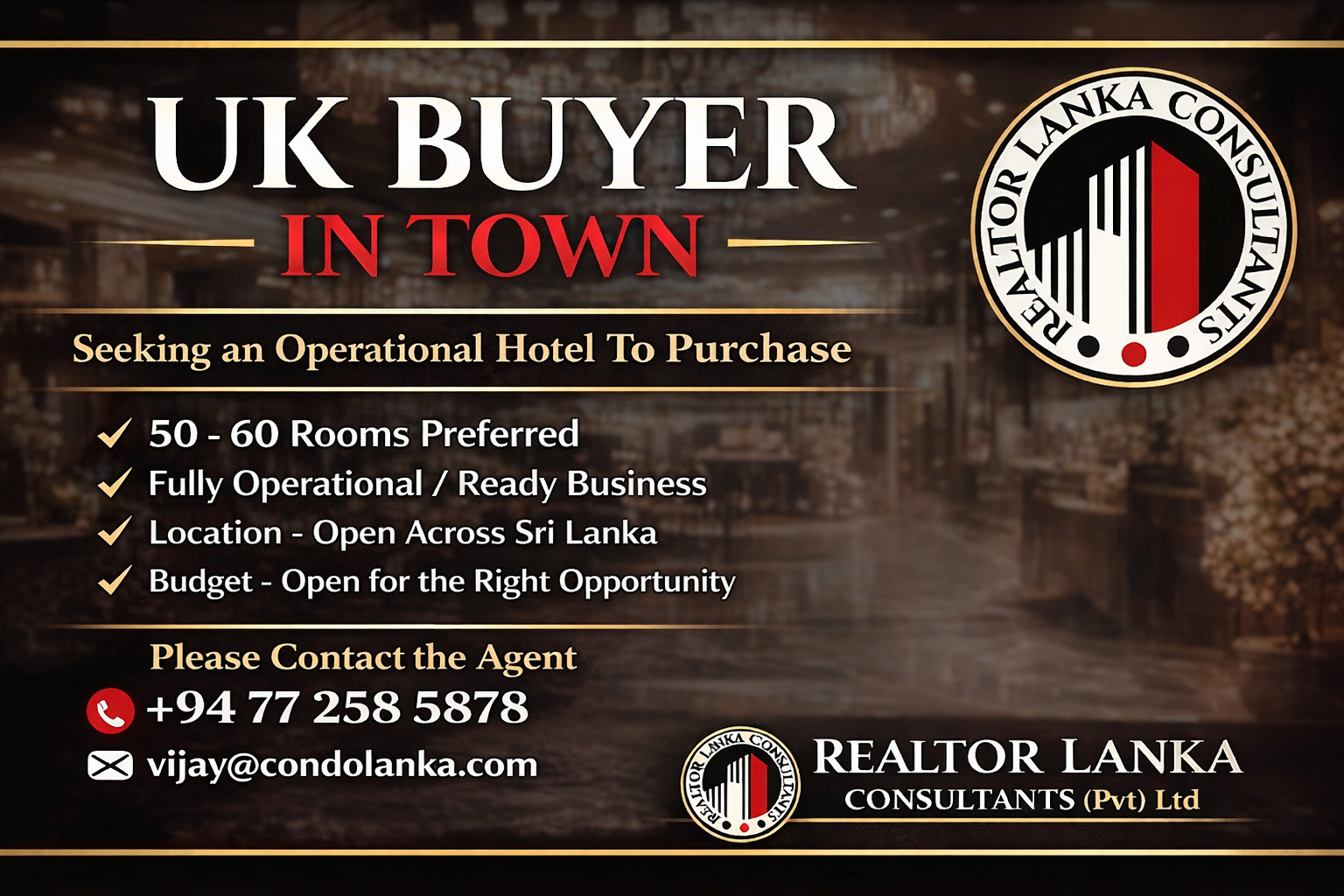 Seeking an Operational Hotel - UK Buyer in Town